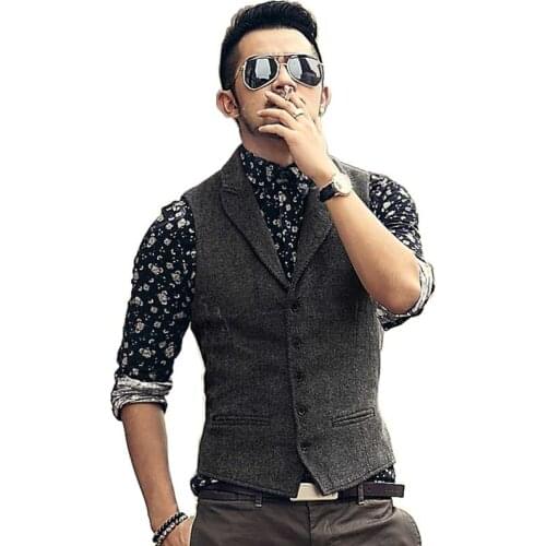 Spring Autumn Suit Vest Men Retro British Style Wool Waistcoat Herringbone Pattern Formal Office Wedding Vest V-Neck OUTWEAR