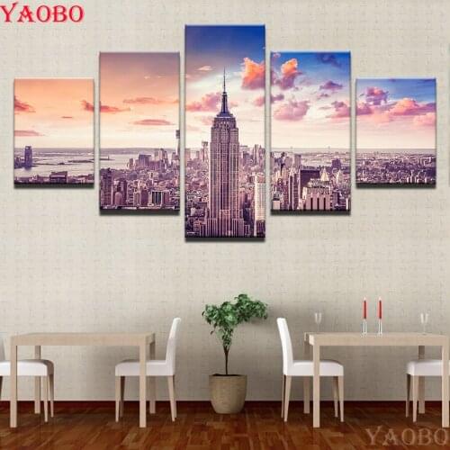 5 PCSDIY Diamond Painting Sunset New York City Building Embroidery Beads Cross Stitch Full Square/Round Mosaic Bedroom Artwork