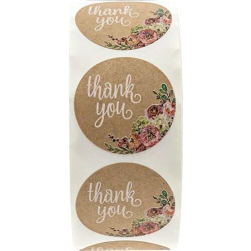 50-500pcs Thank You Stickers for seal labes 1inch Handmade Sticker Brown Kraft Floral scrapbooking cute Stationery sticker