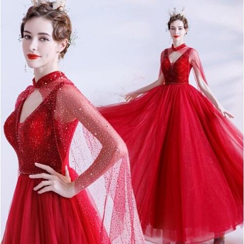 New red long full sleeve sequined lace lady girl women princess bridesmaid banquet party ball prom dress gown free ship