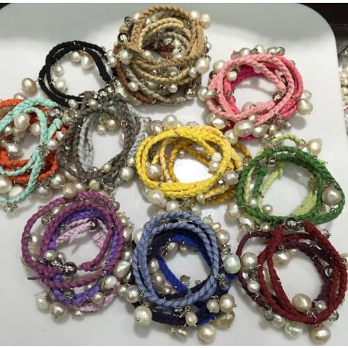 Wholesale Baroque Natural Fresh water Pearl Bracelet Charms with crystal leather bracelet Casual Mix order free shipping