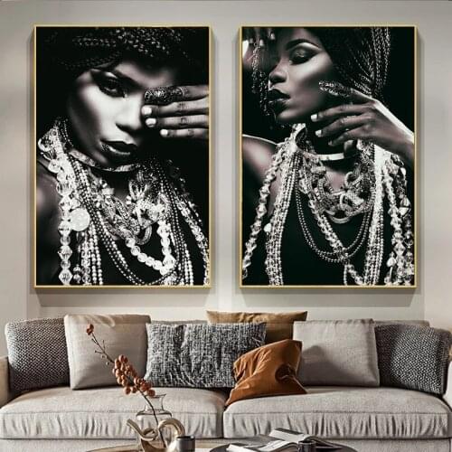 Portrait of African with Silver Jewellery Canvas Painting Black Woman Posters and Prints Wall Picture for Living Room Home Decor