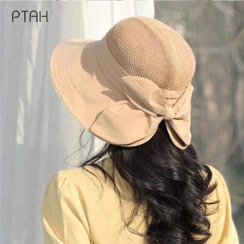 [PTAH] Fashion Sun Protection Hats Women UPF 50+ Wide Brim Roll-up Straw Lightweight Foldable Beach Hats Breathable Visors Women