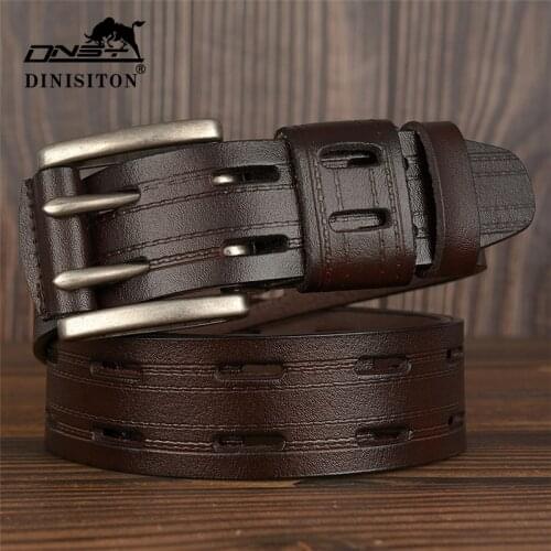 DINISITON Mens Real Cowhide Belt Luxury Brand Men Leather Unique design Double-row Pin Buckle Belts Fashion Male Waistband
