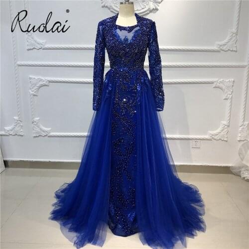 Luxury Stunning Royal Blue Long Sleeve with Appliqued Beads See-through Sexy Formal Evening Dress for Women Long Dresses