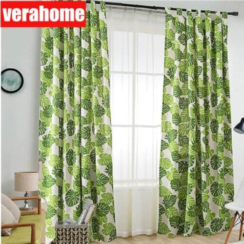 Green leaf print curtains for living room nordic cotton linen curtain drapes for bedroom kitchen windows treatment
