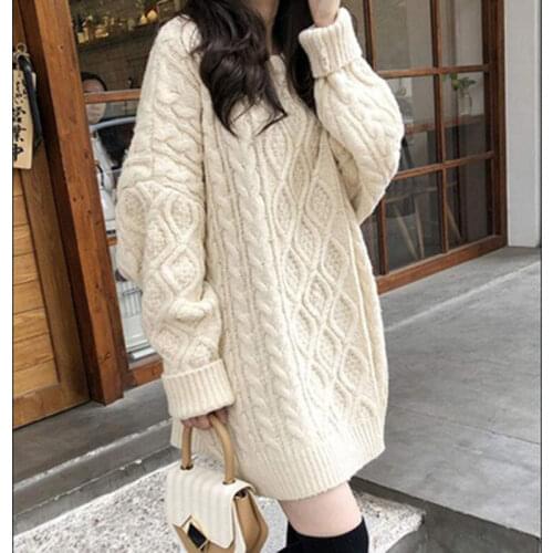 Gray Long Sleeve Sweater Pullover Women Outer Wear Autumn winter O-neck Casual Loose Padded Sleeve Mid-length Inner Base Sweater