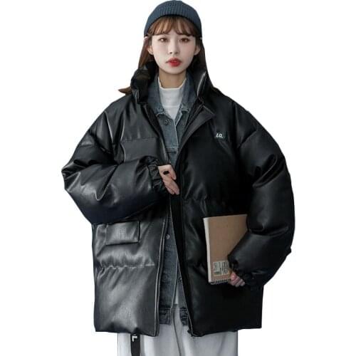 High Quality PU Down Cotton Coats Women 2021 Leather Jacket Elegant Shiny Loose Coat Lady Fashion Winter Warm Overcoat OK1034