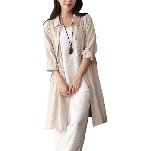 100% linen female shirt and blouse long design good quality cardigan turn down collar long sleeve tops for women