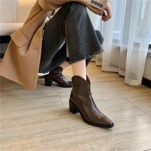 New Women Shoes Split Leather Pionted Toe Chunky Heel Winter Boots Women Solid Western Boots Female Ankle Boots Girl Short Boots