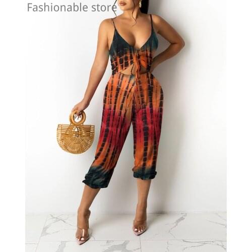 Women Print Shirring Spaghetti Strap Jumpsuit V-Neck Sleeveless Hollow Backless Romper