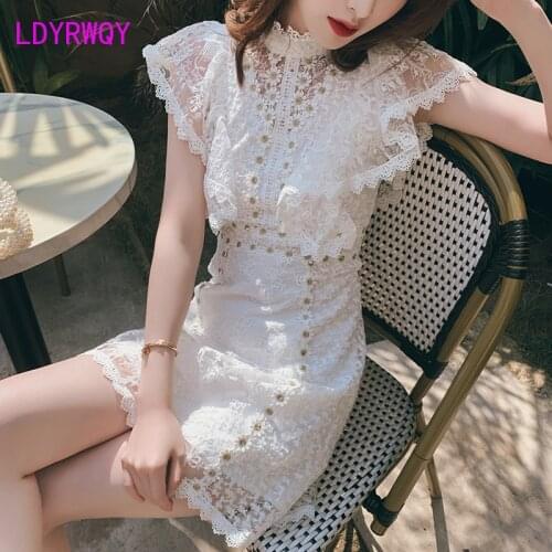 LDYRWQY Japanese style white lady temperament short lace flower dress Office Lady Polyester Sheath Sleeveless Zippers