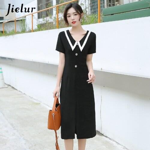 Jielur Solid Color Summer Dress Short Sleeve Black High Waist New Split Chic Women Dress Elegant Vestidos Korean Slim Robe Femme