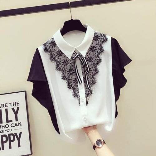 2021 Summer Women Chiffon Shirt and Tops Fashion Turn-down Collar Splice Lace Leisure Loose Lady Blouse Blusas Mujer Y819