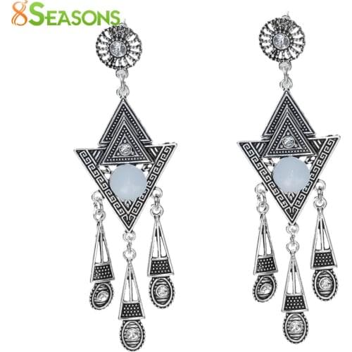 8SEASONS New Fashion Chandelier Women Earrings Silver Color Colro White Triangle Filigree Clear Created Rhinestone, 1 Pair