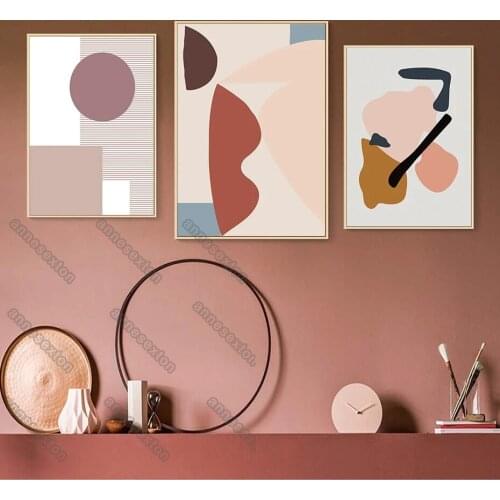 Abstract Bright Colorful Geometric Patterns Red Brown Pink Purple Nordic Style Canvas Painting Poster for Home Rooms Wall Decora