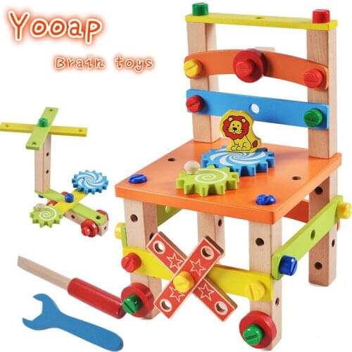 Wooden Assembling Chair Montessori Toys Baby Educational Wooden Toy Preschool Multifunctional Variety Nut Combination Chair Tool