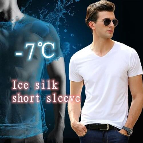 Mens Ice Silk Short Sleeve v-neck T-shirt Male Loose Casual Sports Top Cool Short Sleeve Wear Inside Wear Outside All-match