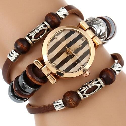 Gnova Platinum TOP Leather Women Watch Bracelet Wristwatch Wood Ball Charms Black Stripes Dial Fashion femme Quartz Clock A564