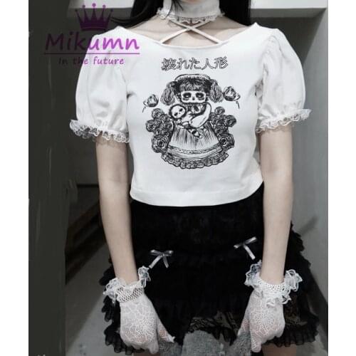 Harajuku Punk Gothic Cartoon Girl Print Short Sleeve T-Shirt Women Streetwear