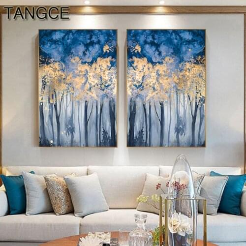 Golden Tree Green Plant Painting Nordic Style Poster and Print Blue Fog Wall Art Canvas Picture for Living Room Abstract Decor