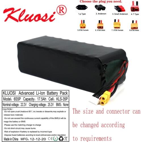 KLUOSI 25.2V Li-ion Battery 6S5P 24V 17.5Ah 18Ah High Capacity UAV Rechargeable for Various RC Airplane Quadrotor XH2.54-4P XT60
