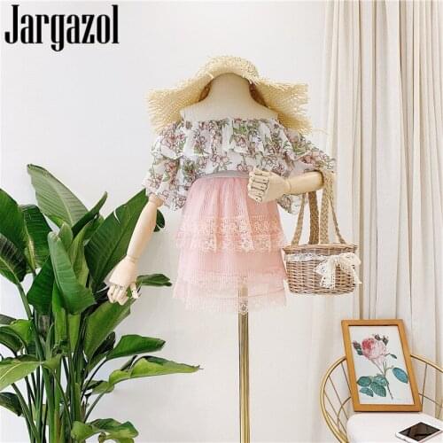 Summer Girls Ruffle Outfits Off The Shoulder Chiffon Top&lace Crumpled Skirt Fashion Beach Little Kids Princess Clothing Set