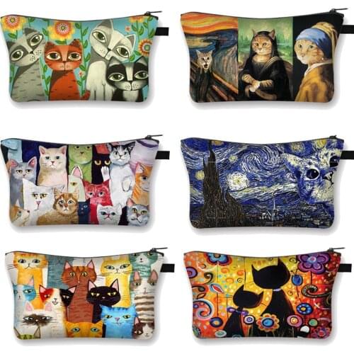 Cute Cat Print Cosmetic Case Women Makeup Bags Cartoon Kitten Cosmetic Bags Girls Storage Bag Funny Cat Cosplay Mona Lisa