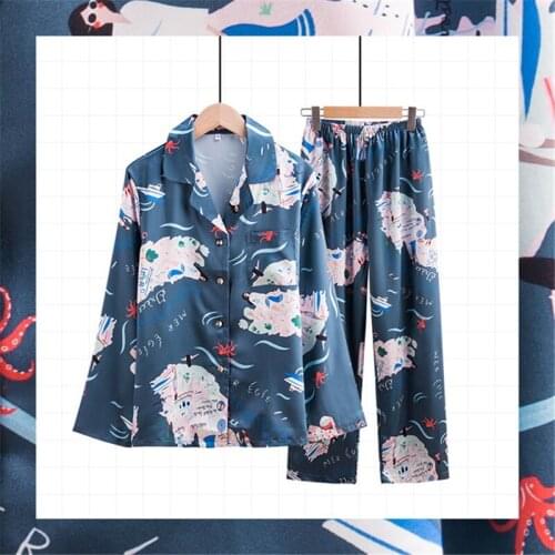 Fashion autumn pajamas womens thin long-sleeved trousers two-piece suit Japanese kimono nightwear loose home service 2020 new