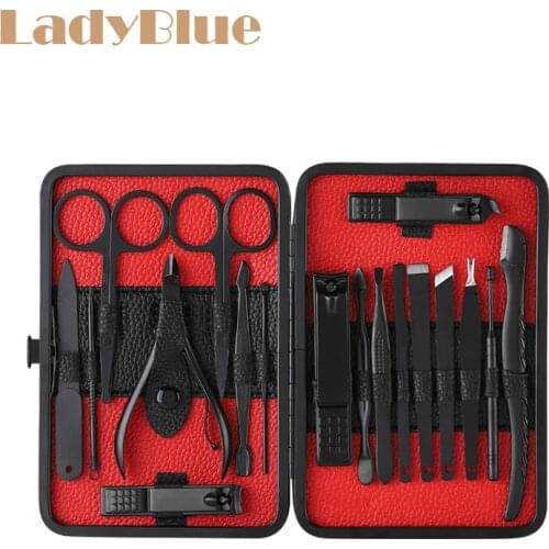 18pcs/set Nail Clippers Kit Pedicure Care Tools Black Men Grooming Kit With Black PU Leather Case for Travel Home