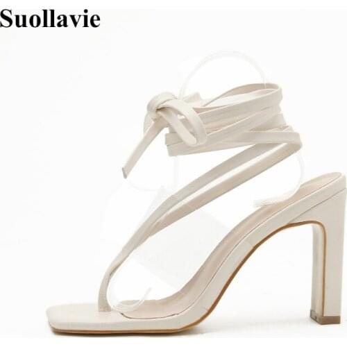 Suollavie New sandals women foot ring strap shoes women fashion clear high heels chunky ladies shoes fashion heels Roman sandals