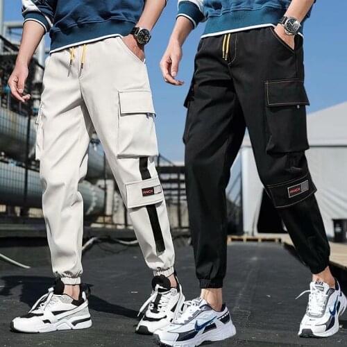 New 2021 Mens Cargo Pants, Tactical Military Pants, Casual Loose Tide, Leg-Banding Sports Harlem Pants Tide