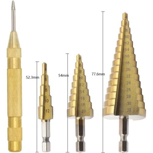 Yalku Hex Titanium Step Cone Drill Bit Hole Cutter 4-12/20/32MM HSS4241 For Sheet Metal Tool Wood Drilling
