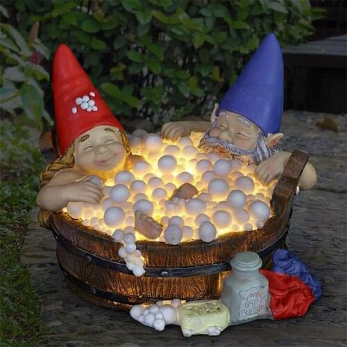Bubble Bath Gnomes Statue Sculpture Handmade Solar Resin Bathing Dwarf Lamp Night Light for Home Office Desk Garden Decoration