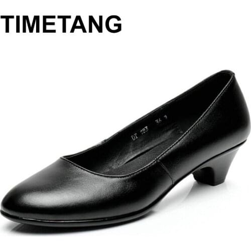 TIMETANG 2021 Autumn New Genuine Leather Womens Pumps Thick Shallow Single Mouth Shoes Round Toe Basic Hotel Work Pumps Plus
