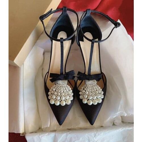 Sexy lady fashion womens shoes Casual Designer black satin pearls T-strappy pointy toe stiletto stripper High heels pumps 12cm
