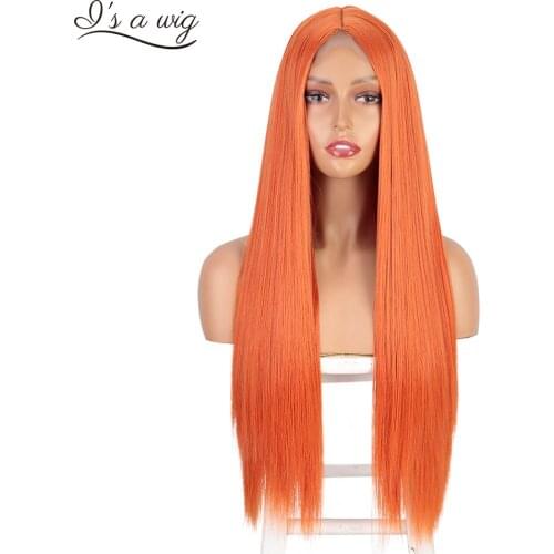 Is a wig Synthetic Wigs Long Straight Orange Middle Part Wig Black Red Blonde Color for Women Daily Use Fake Hairs