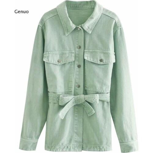 Women Fashion With Belt Pockets Loose Denim Jacket Coat Vintage Long Sleeve Side Vents Female Outerwear Chic Tops