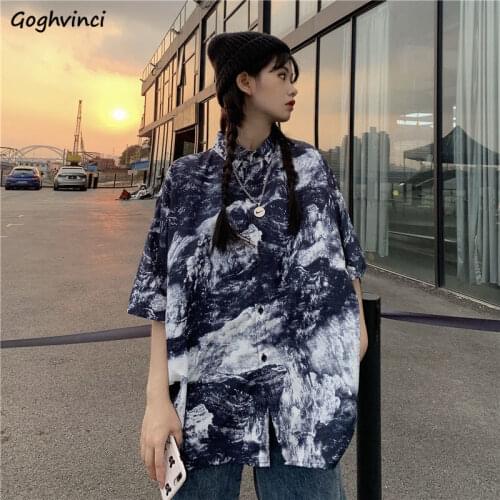 Shirt Women High Street Fashion Unisex Large Size Tie Dye Half-sleeve Female Clothes Buttons Harajuku Couple Turn-down Collar