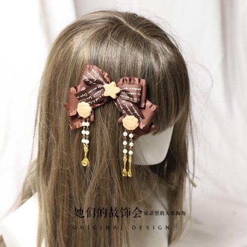 Lolita Girl Cookie Chocolate Tiramisu Large Bow Pearl Tassel Kawaii Hairpin Hair Accessories Mori Girl Cosplay Headwear Women