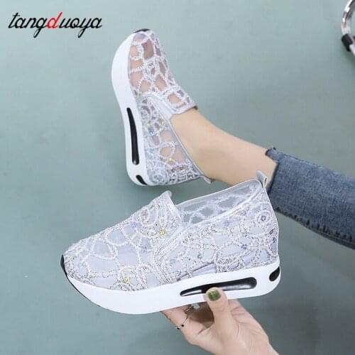 Gold silver Women Shoes 2021 Summer Casual Shoes Cutouts Sequins mesh Hollow Breathable Platform Flat Shoes Woman Sneakers