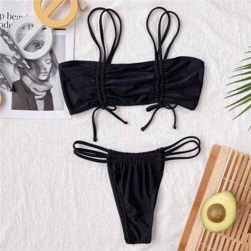 Women Swimwear Summer Solid Ruched Lace Up Bikini Set Swimsuit for Vacation Beachwear Sexy Sling Straps Padded Bathing Suit 2PCS