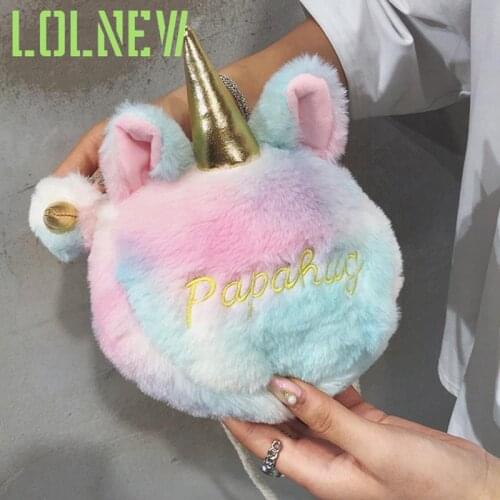 1 Pc Colorful Unicorn Shoulder Bag Women Winter Banquet Plush Handbag Messenger Shoulder Bag Girl Bag Fashion