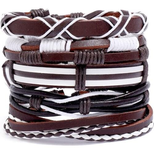 5 piece/Set Handmade Weave Vintage Boho Gypsy White Brown Leather Charm Multilayer Bracelets Bangle Unisex Jewelry