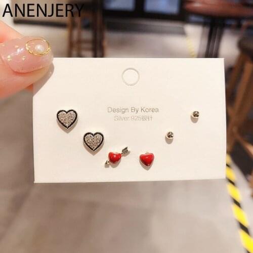 ANENJERY Micro Inlaid Cubic Zircon Love Heart Stud Earrings Set Gold Silver Color Earrings For Women 6-piece Set S-E1139