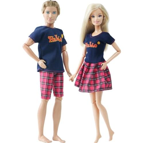 BJDBUS 2 Pcs /Set Doll Dress Daily Casual Couple Outfits for Barbie Doll Accessories Mini Skirt Men Suit Trousers for Ken Doll