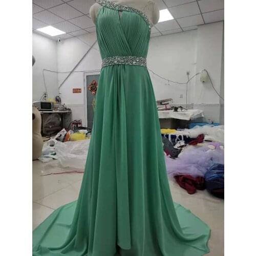 One-shoulder Chiffon Tiffany Blue Bridesmaid Dresses A-Line Crystals Beaded Wedding Party Dresses Lace Up Back vestido de fiesta