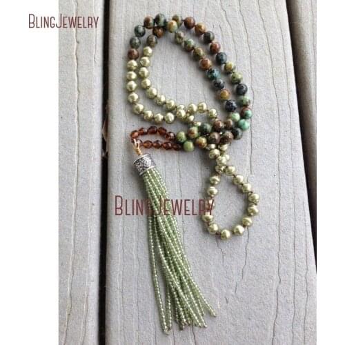 Boho chic Knot Pearls Beads and African Turquoises Beads Necklace with Green Crystals Beads Necklace NM20627