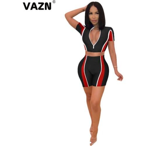VAZN 2020 Holiday Stretch Skinny V-neck Two Piece Set Beach 2 Piece Set Women Striped Short Sleeve Short Pant Summer Sets