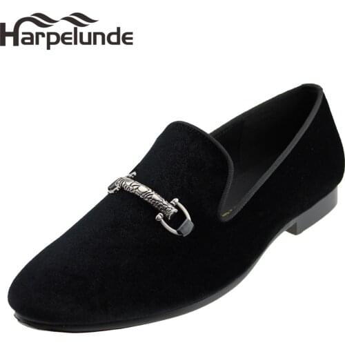 Harpelunde Men Prom Shoes Buckle Black Velvet Loafers